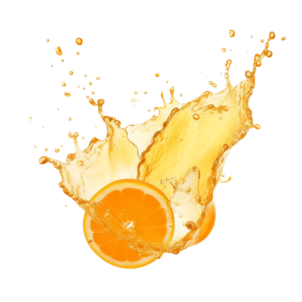 orange juice splash with orange slices on transparent background png