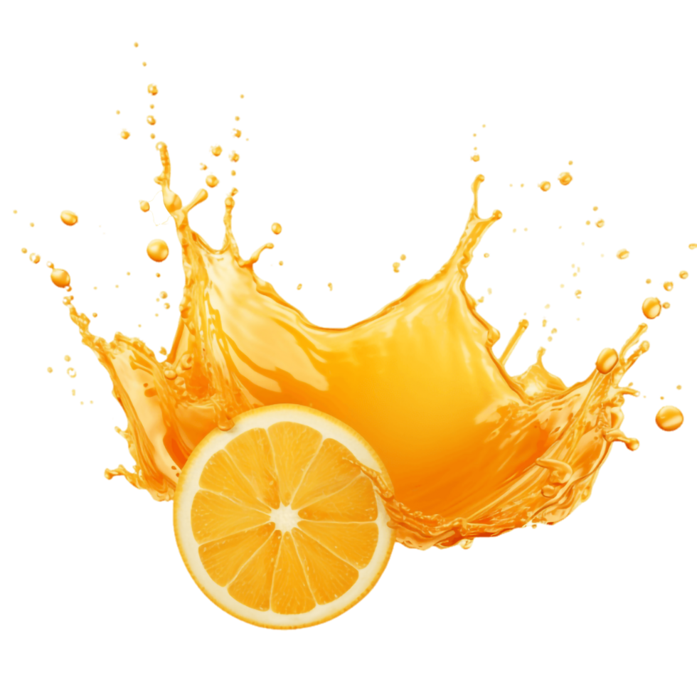 orange juice splash with orange slices on transparent background png