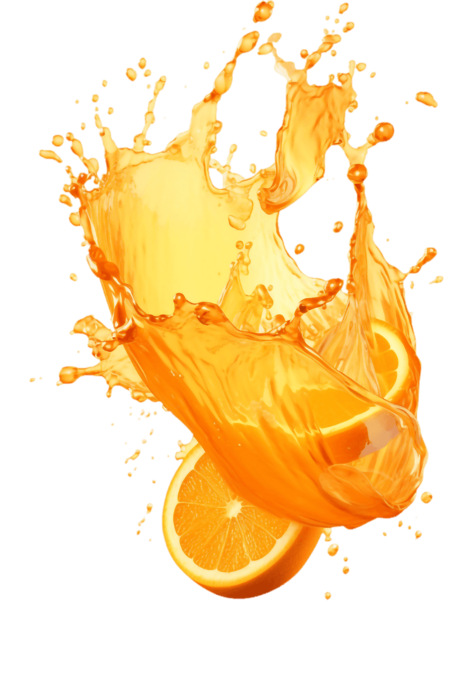 orange juice splash with orange slices on transparent background png