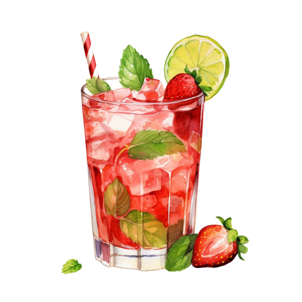 strawberry mojito cocktail with mint leaves and lime slices png