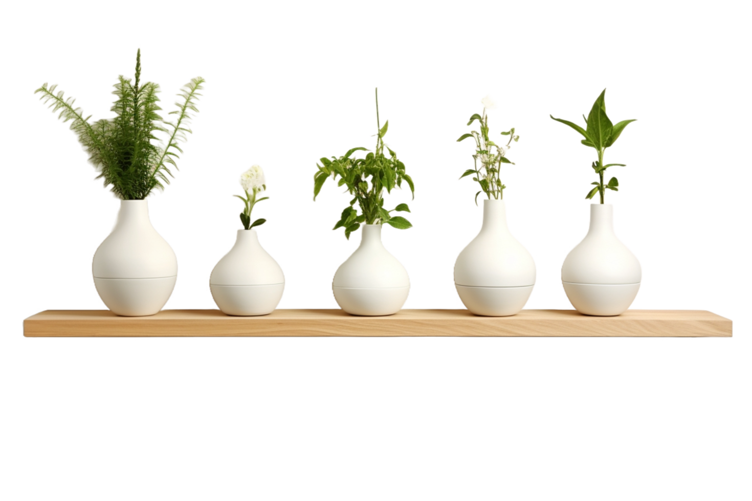 five white vases with plants on a wooden shelf png