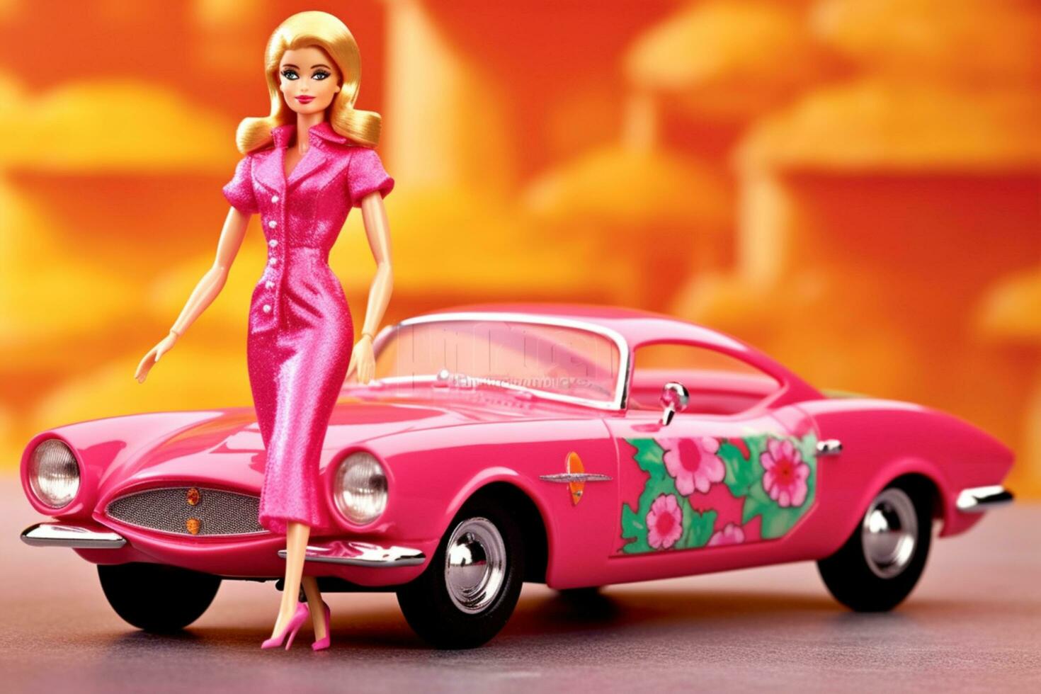 barbie doll in pink dress standing next to a pink car photo