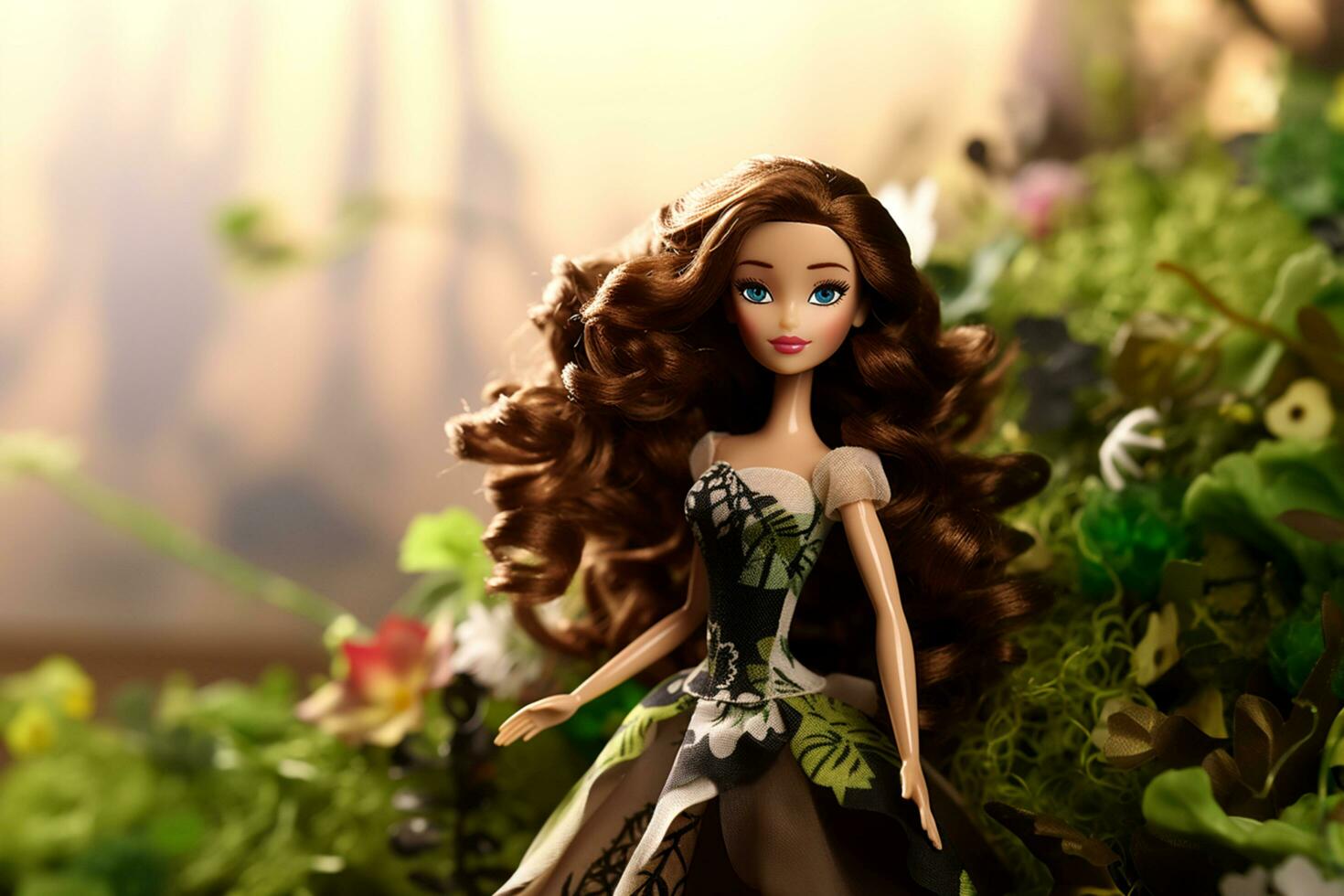 barbie doll in a floral dress standing in the grass photo