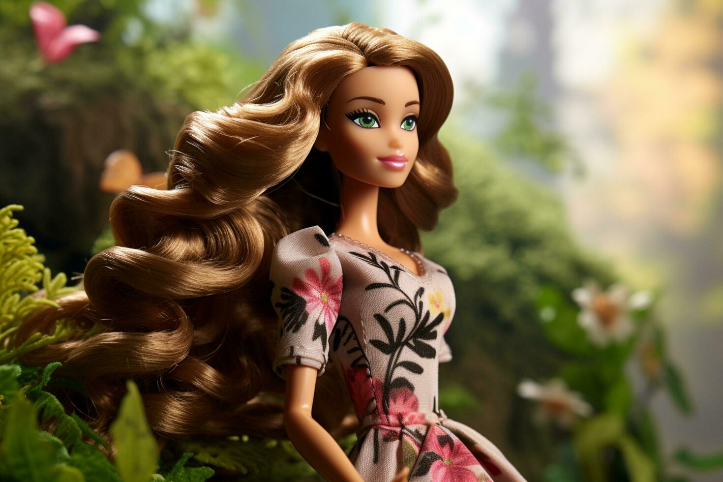 barbie doll with long hair in a forest photo