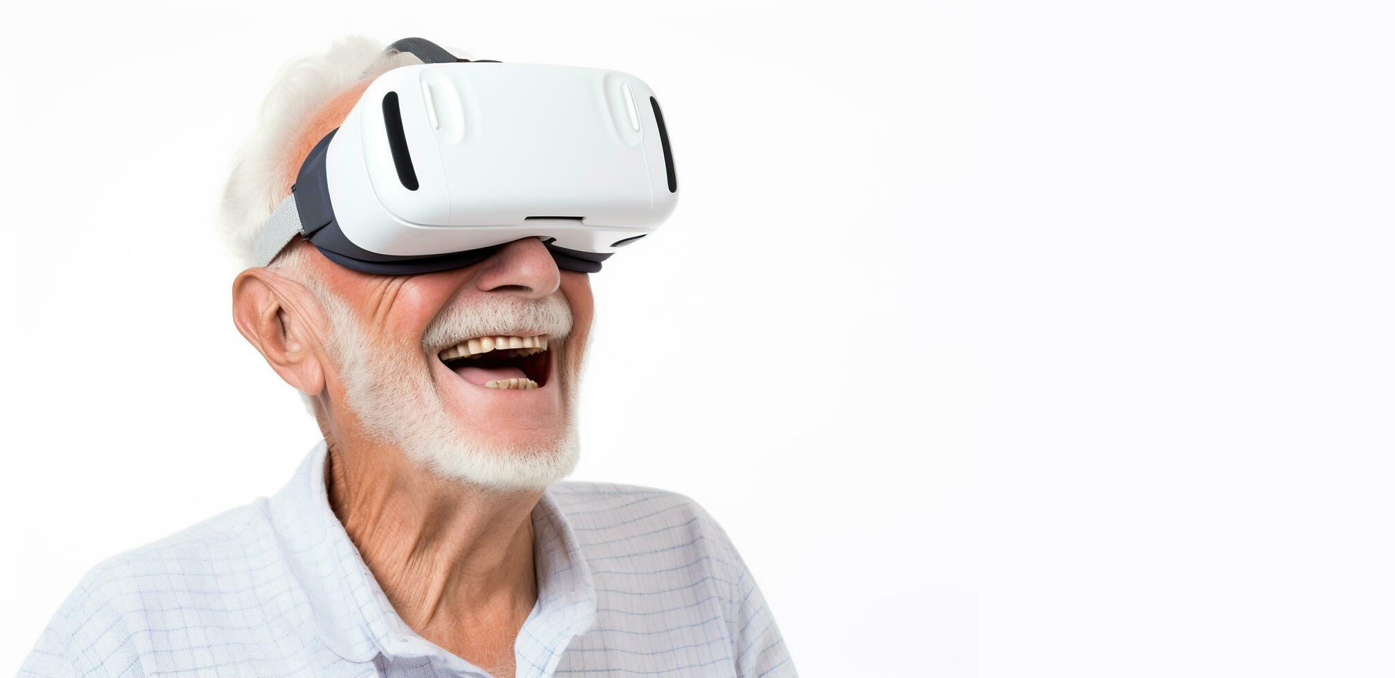un más viejo hombre vistiendo un virtual realidad auriculares foto
