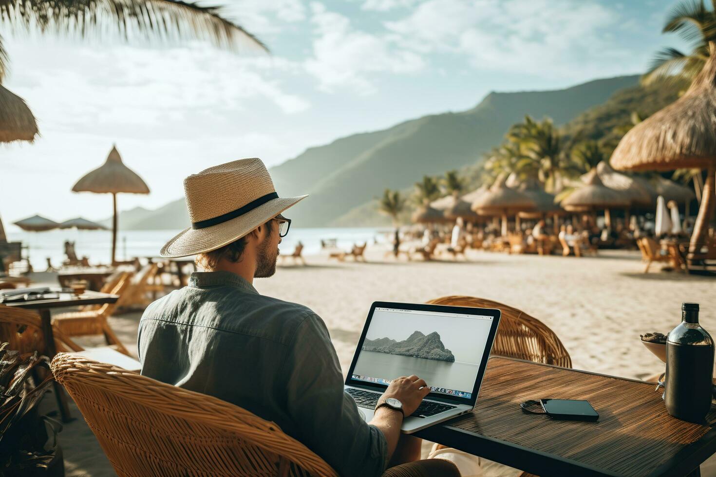 romote digital nomad with laptop traveling thailand photo