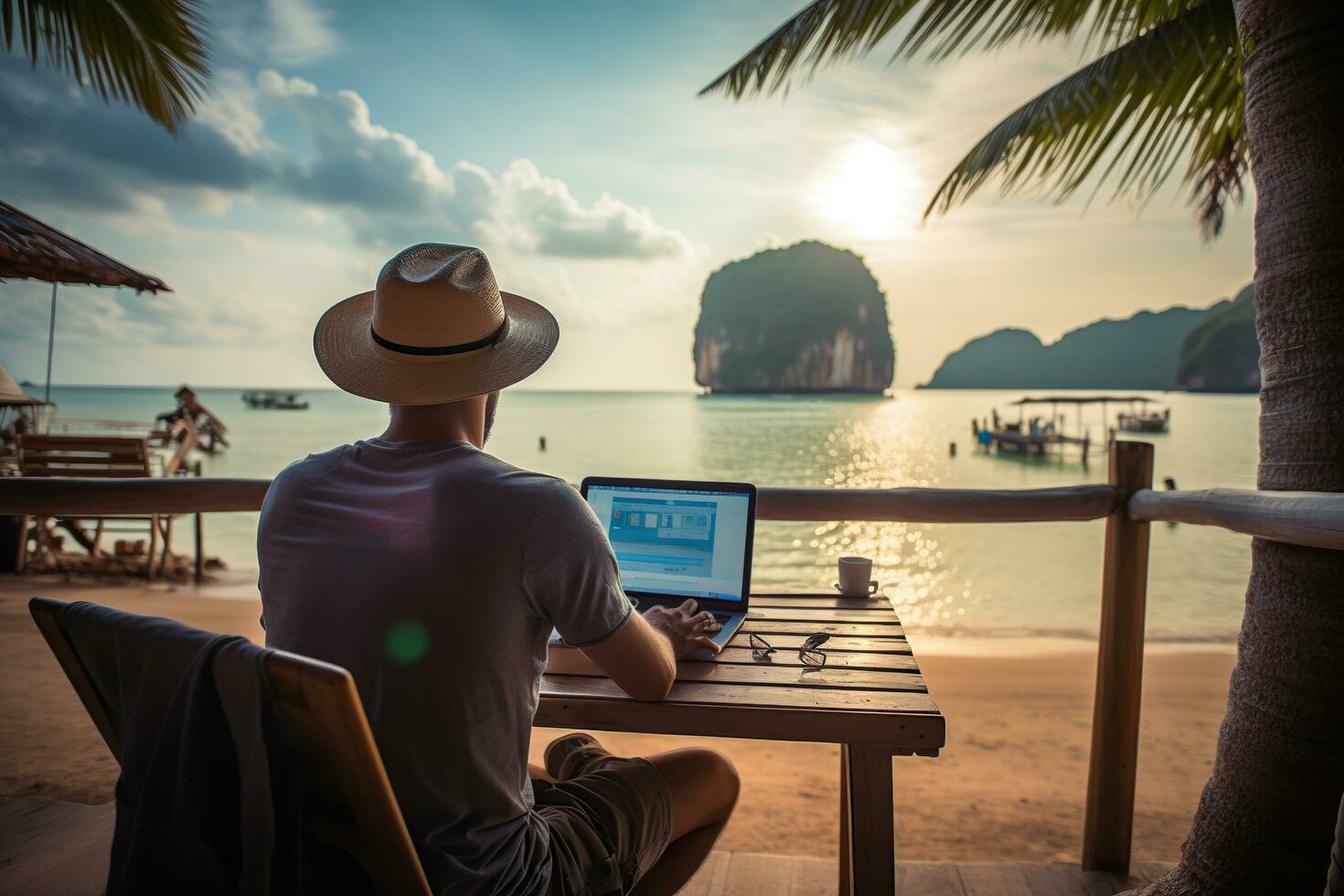 romote digital nomad with laptop traveling thailand photo