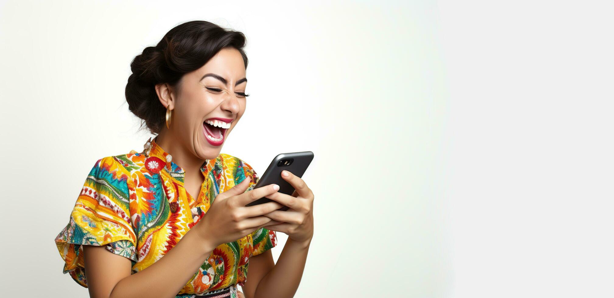 a woman is laughing while holding a cell phone photo