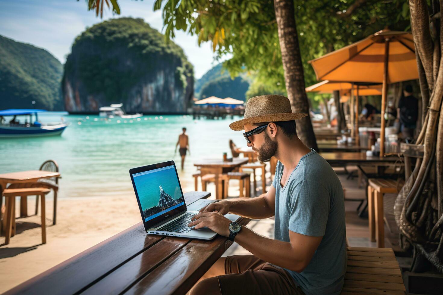 romote digital nomad with laptop traveling thailand photo