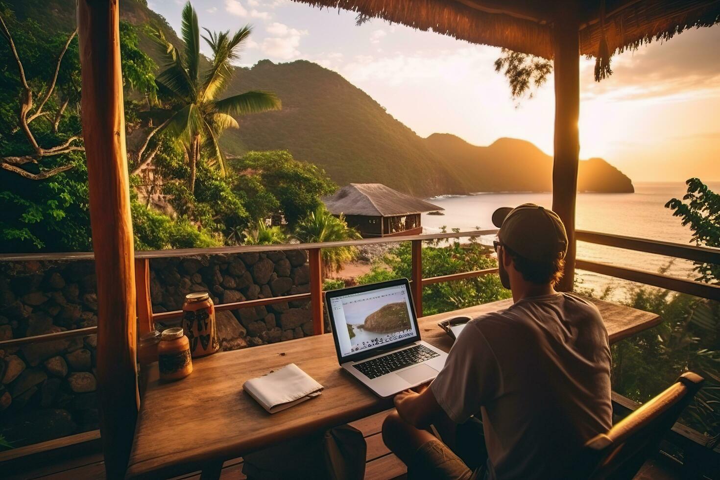 a man sitting at a table with a laptop and a view of the ocean photo