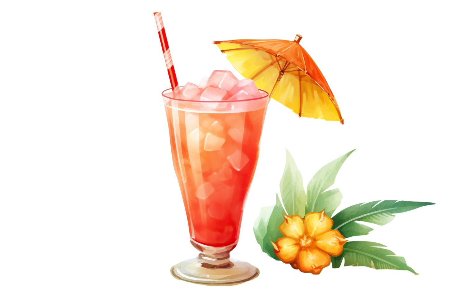 tropical watercolor cocktail with umbrella and flowers on transparent background png
