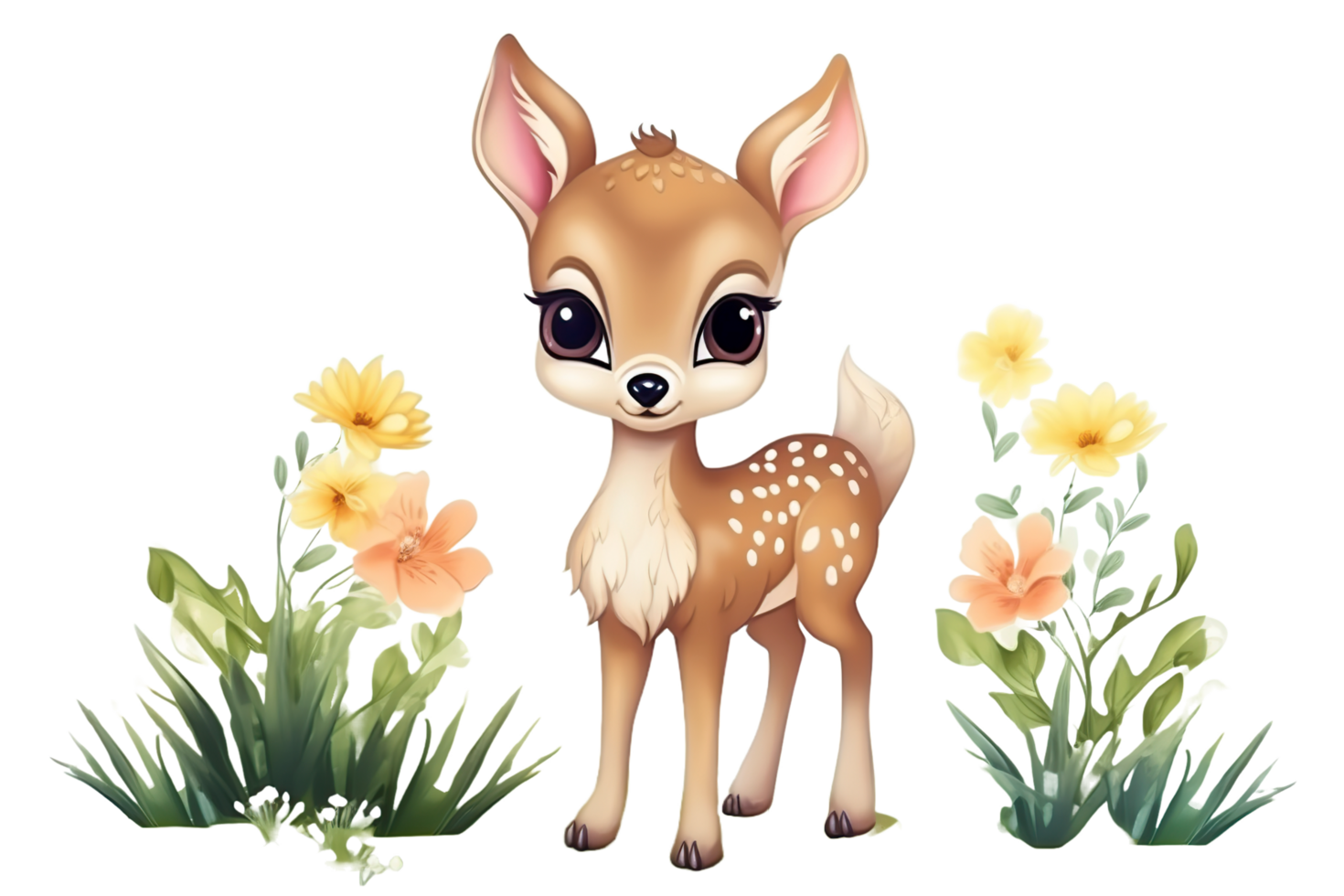 a cute watercolor  deer with flowers on a transparent background png