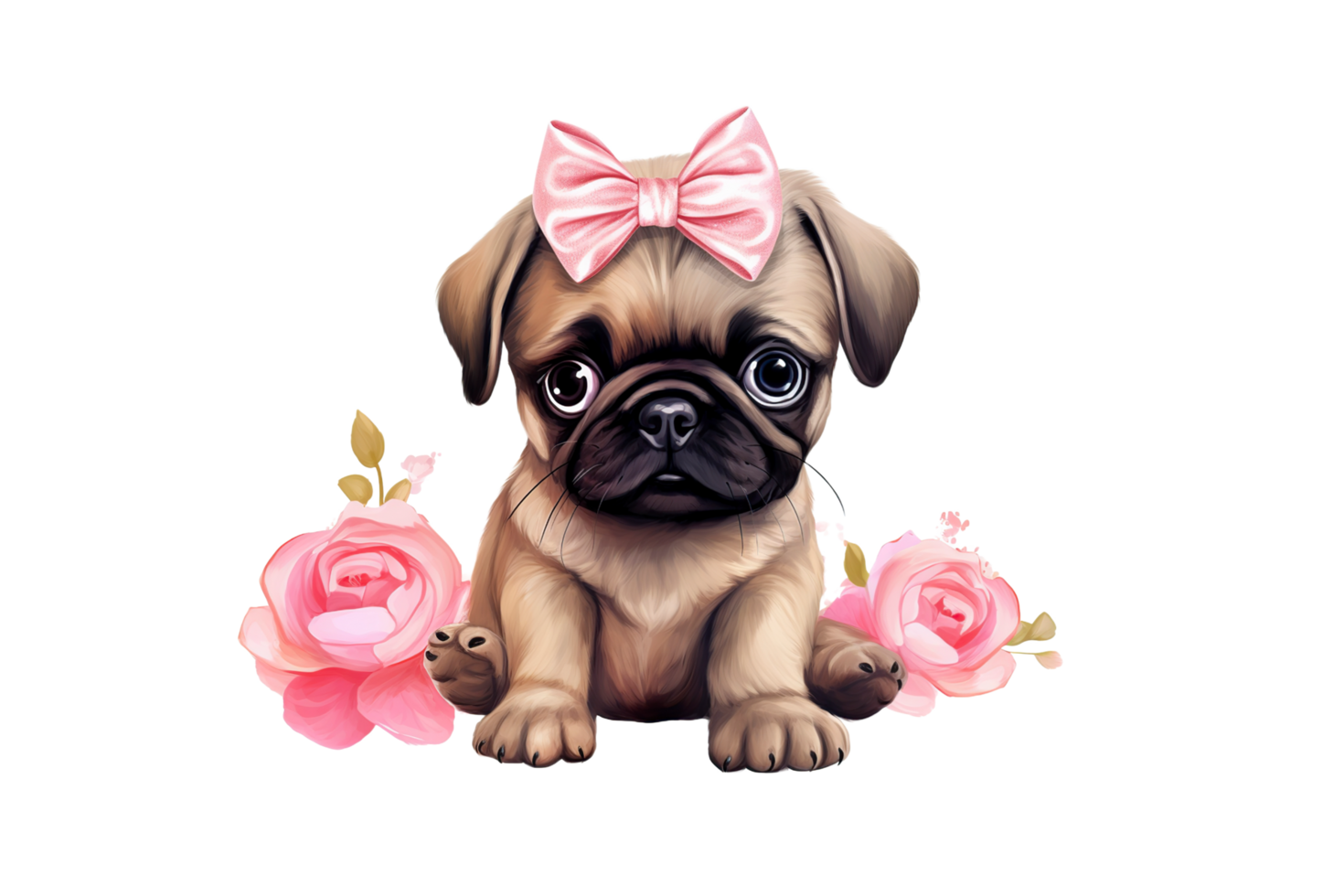 watercolor pug puppy with pink flowers on transparent background png