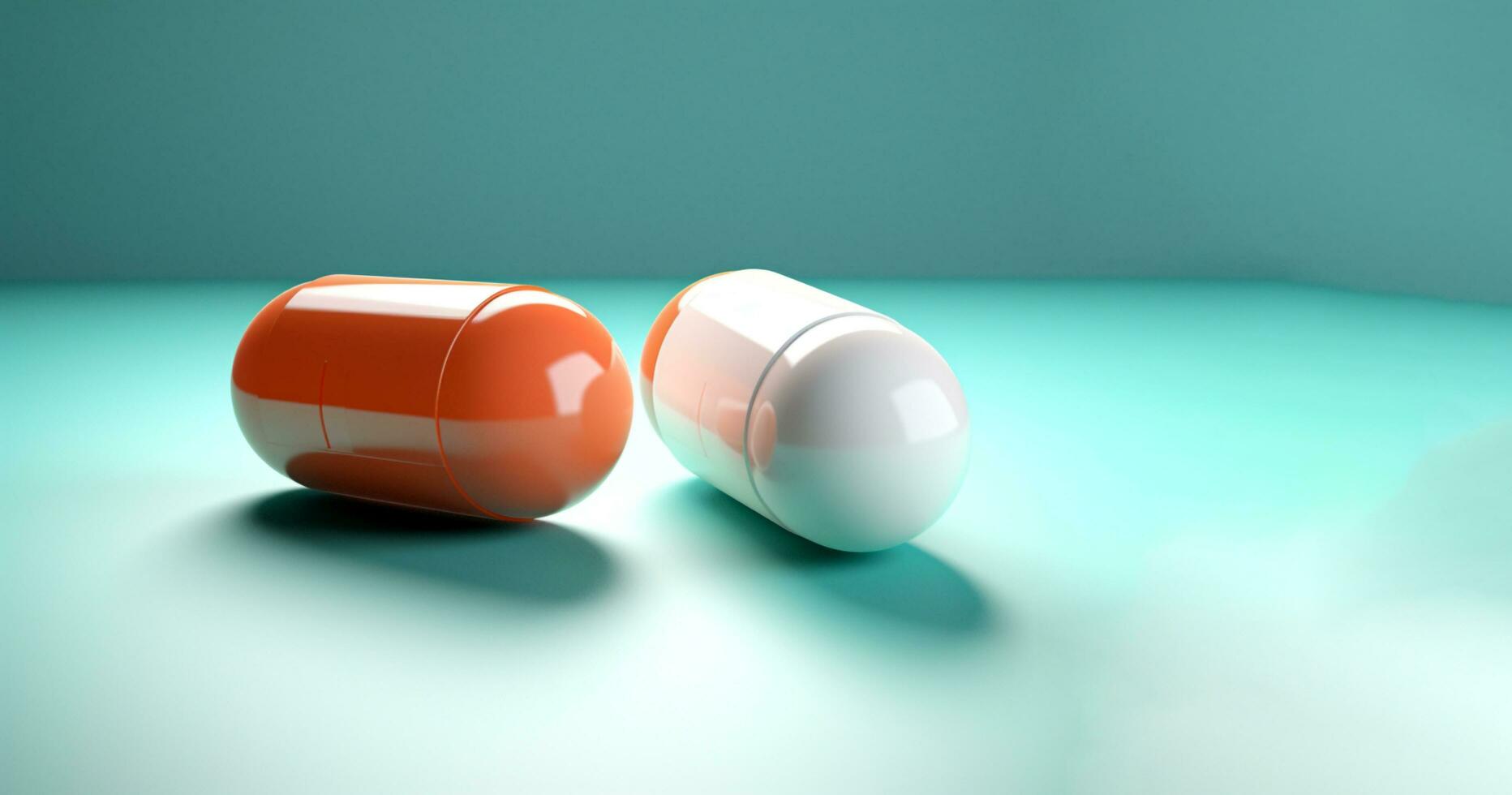 3d pills on a table with a blue background photo