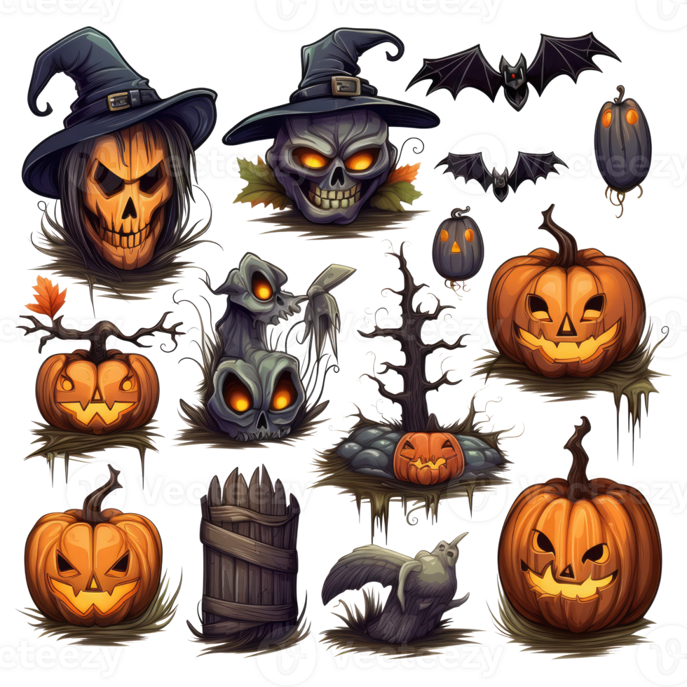 uppsättning av söt halloween element dekoration illustration mall. ikon, klistermärke. med transparent bakgrund. png