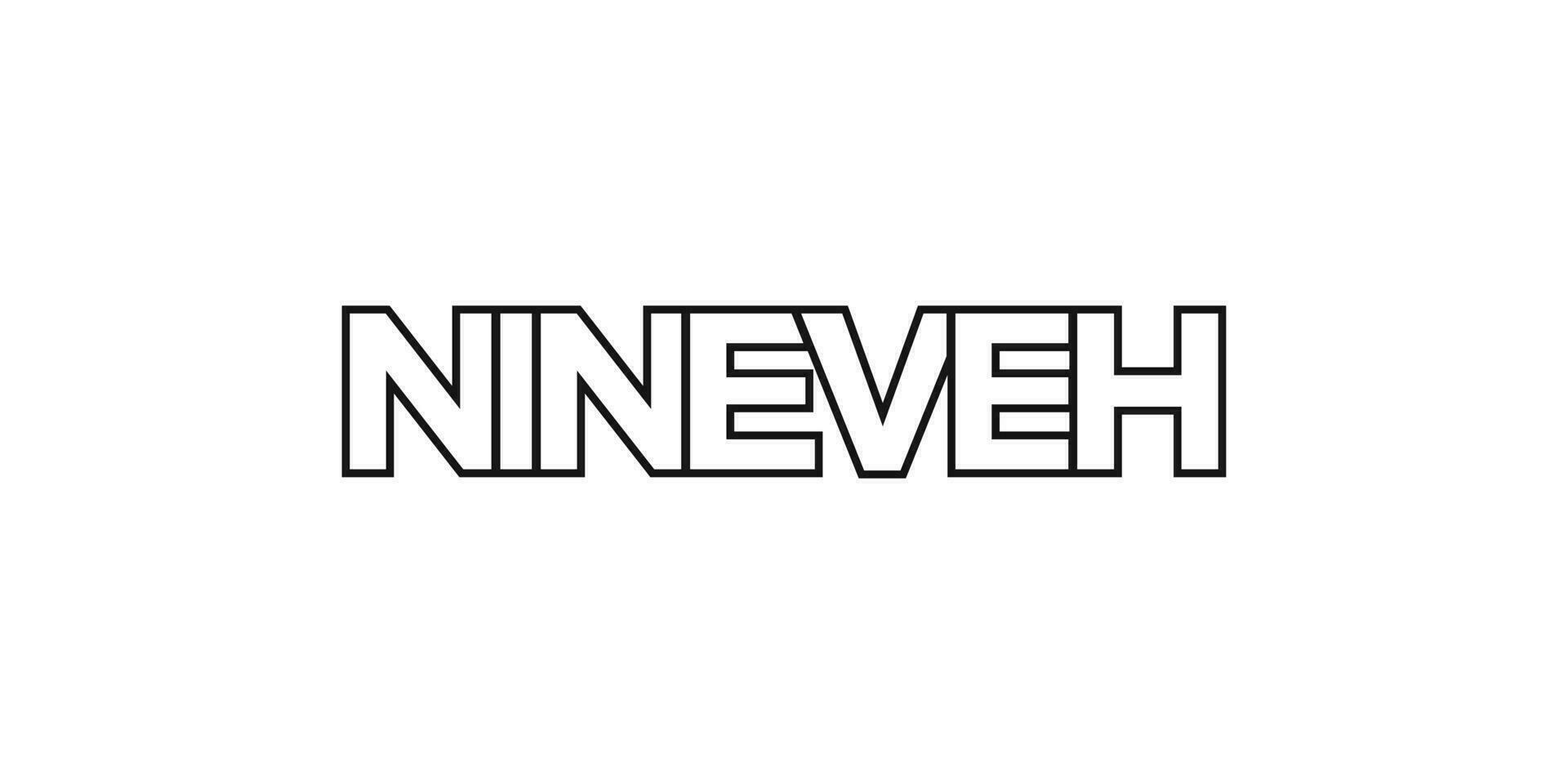 Nineveh in the Iraq emblem. The design features a geometric style, vector illustration with bold typography in a modern font. The graphic slogan lettering.