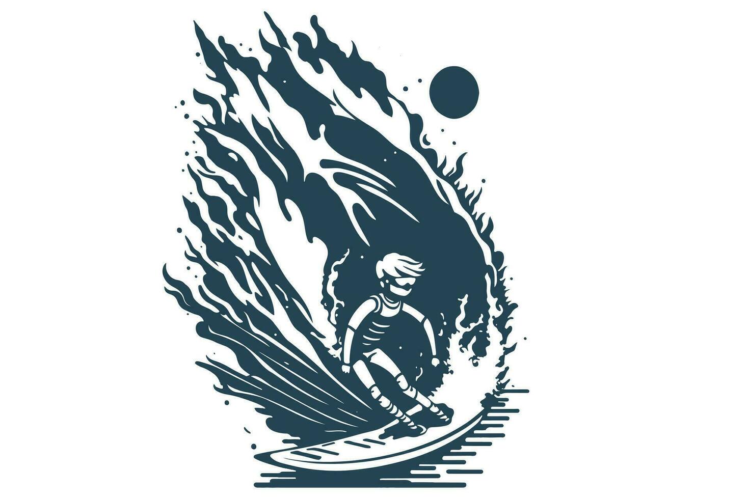 Surfing on a wave in the ocean. Surf rider on big waves. Surfer vector illustration design for t shirt print or club banner.