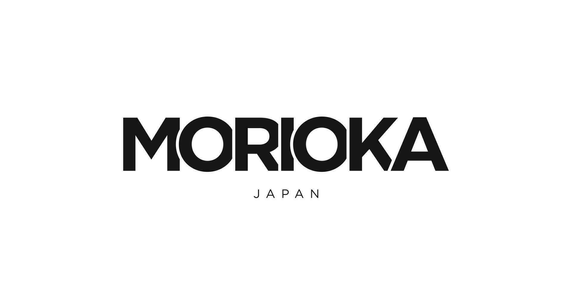 Morioka in the Japan emblem. The design features a geometric style, vector illustration with bold typography in a modern font. The graphic slogan lettering.