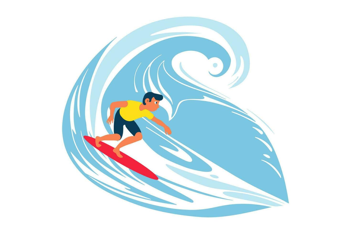 Surfing on a wave in the ocean. Surf rider on big waves. Surfer vector illustration design for t shirt print or club banner.