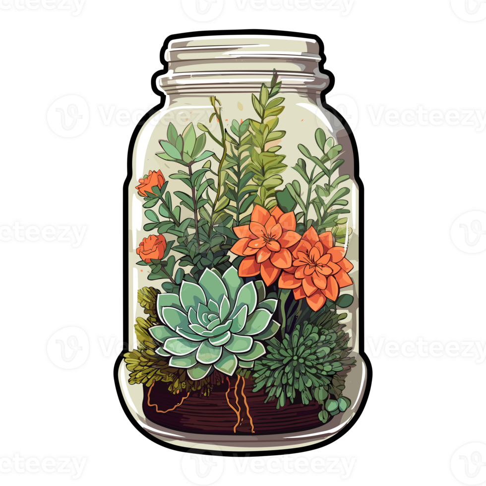 planten in metselaar pot sticker, boeket van bloemen in glas pot png