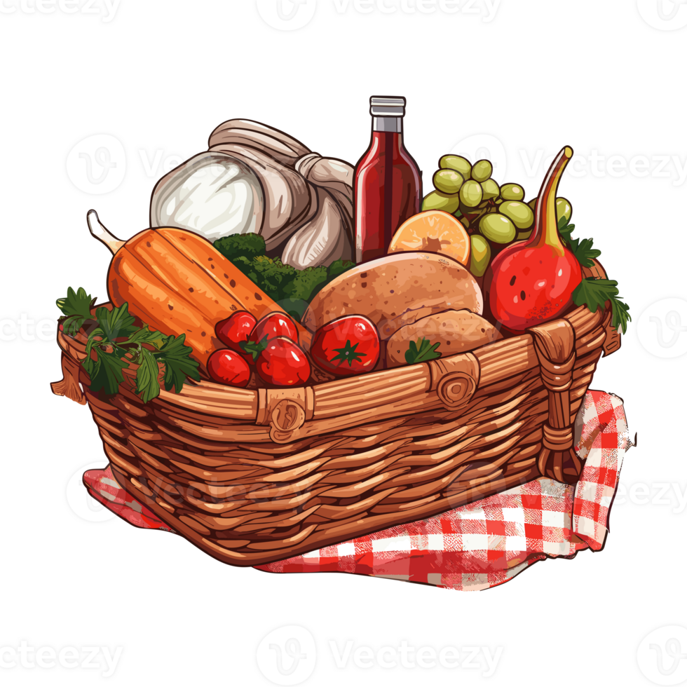 A picnic basket on a blanket, with food surrounding it. Illustration