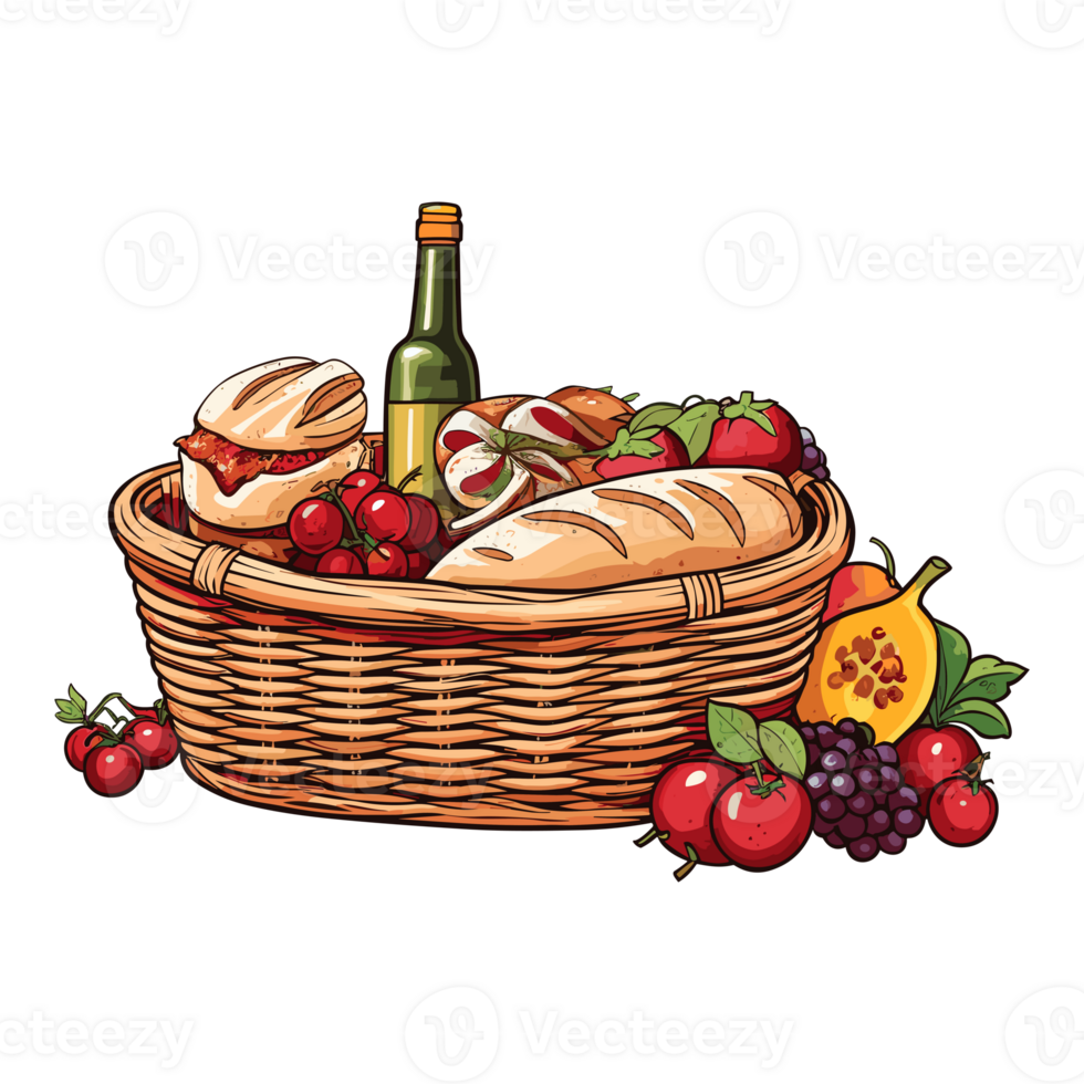 A picnic basket on a blanket, with food surrounding it. Illustration