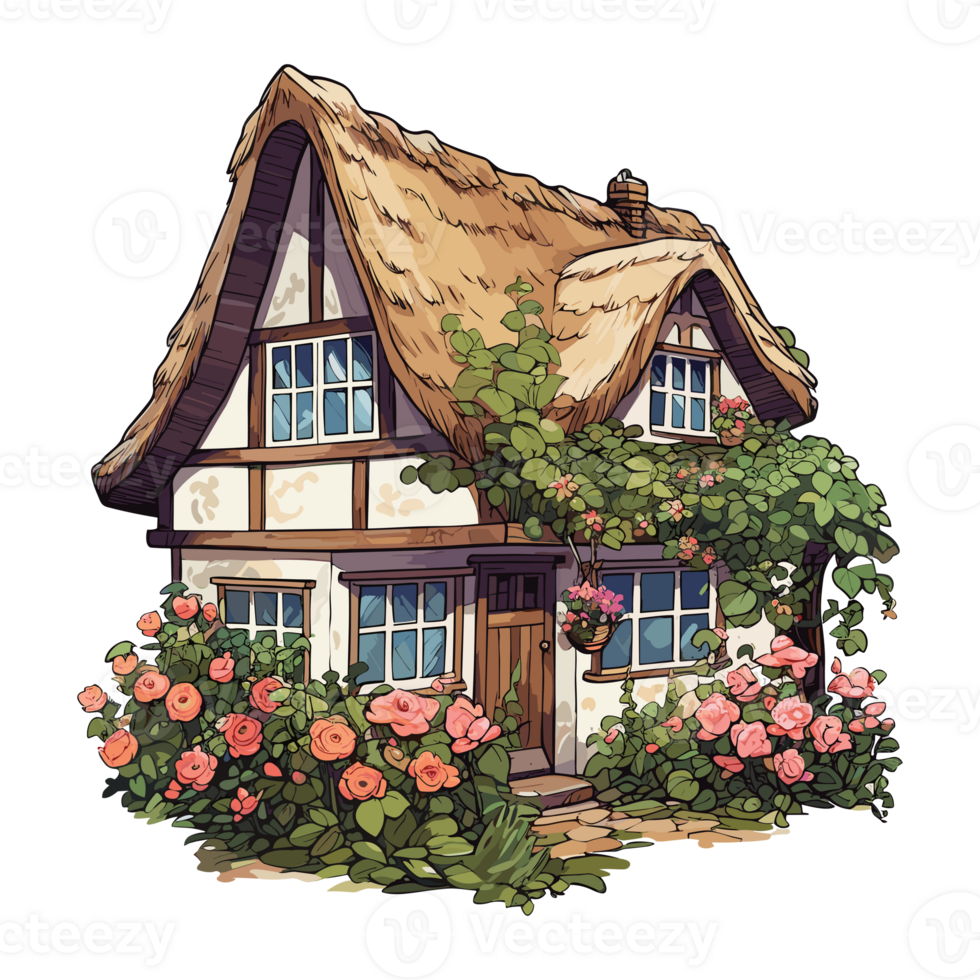 süß Englisch Haus Illustration. retro Stil die Architektur Cottagecore Stil. gemütlich Zuhause mit Blume und Schornstein. png