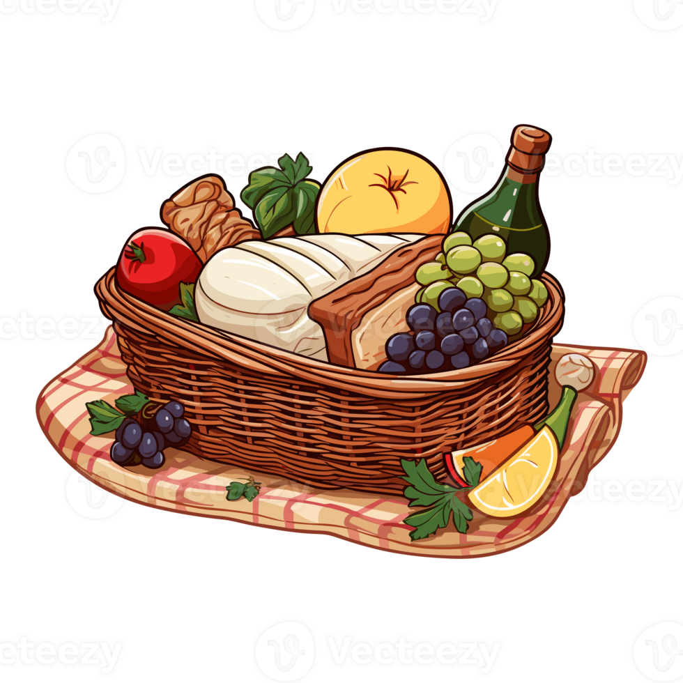 A picnic basket on a blanket, with food surrounding it. Illustration. Sticker style. png