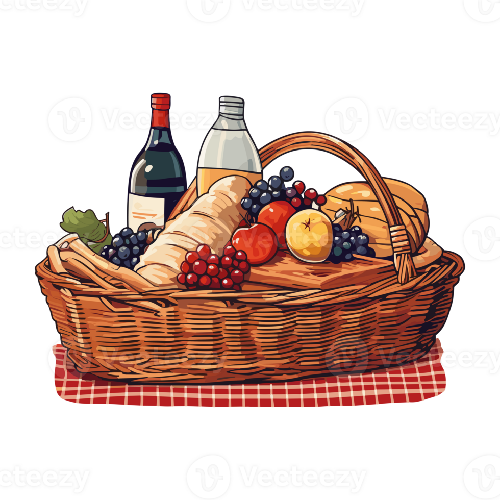 A picnic basket on a blanket, with food surrounding it. Illustration. Sticker style. png