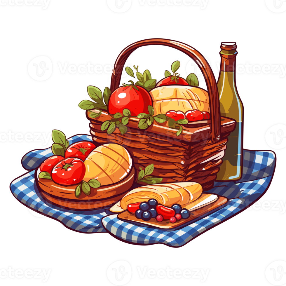 A picnic basket on a blanket, with food surrounding it. Illustration. Sticker style. png
