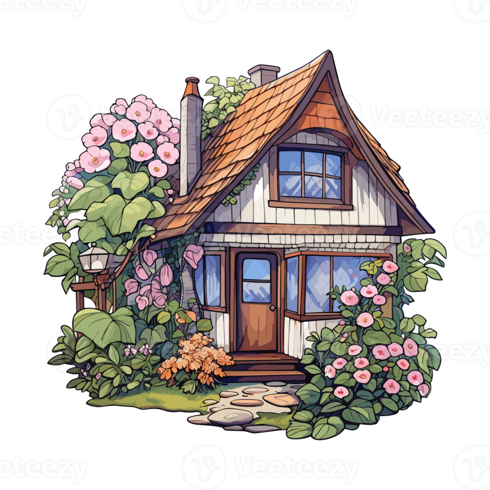 mignonne Anglais maison illustration. rétro style architecture cottagecore style. confortable Accueil avec fleur et cheminée. png