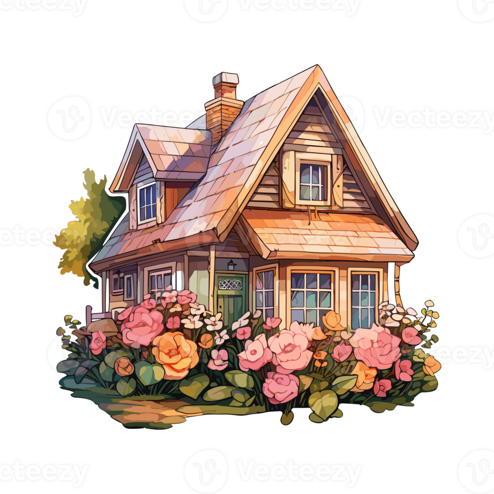 Cute English house illustration. Retro style architecture cottagecore style. Cozy home with flower and chimney. png