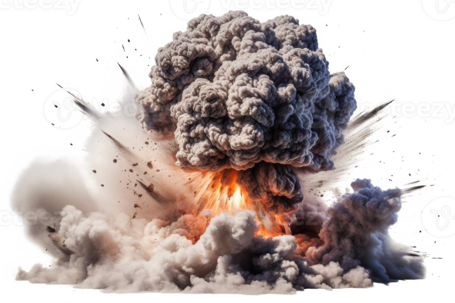 Bomb explosion with fire flames and smoke, isolated on transparent background png