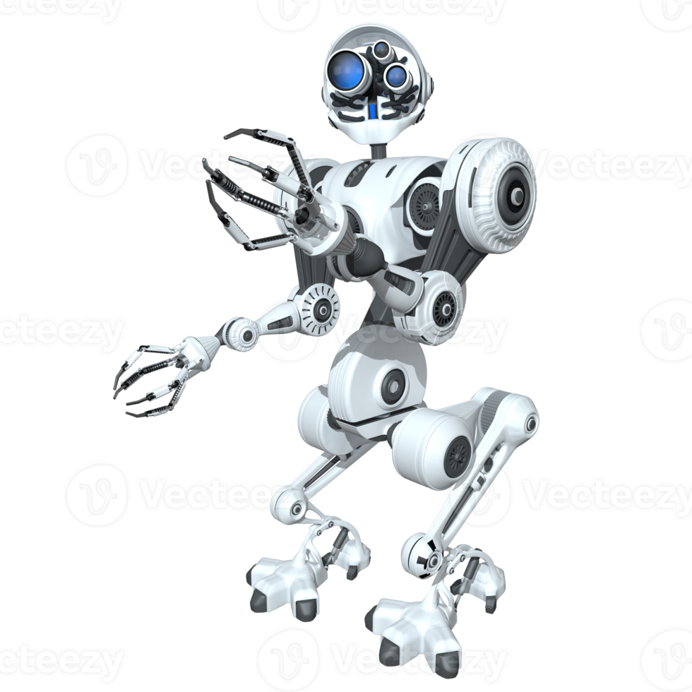 Front view of white android with 3 glasses on his head and pincers in his hands. 3D Illustration png