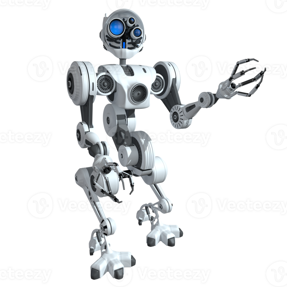 Front view of white android with 3 glasses on his head and pincers in his hands. 3D Illustration png