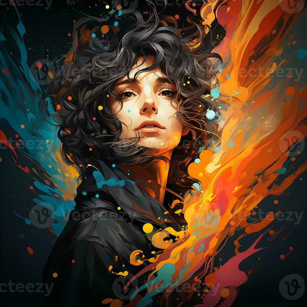 a painting showing a girl with isolated colorful paint splashing on a black background. Generative AI. photo