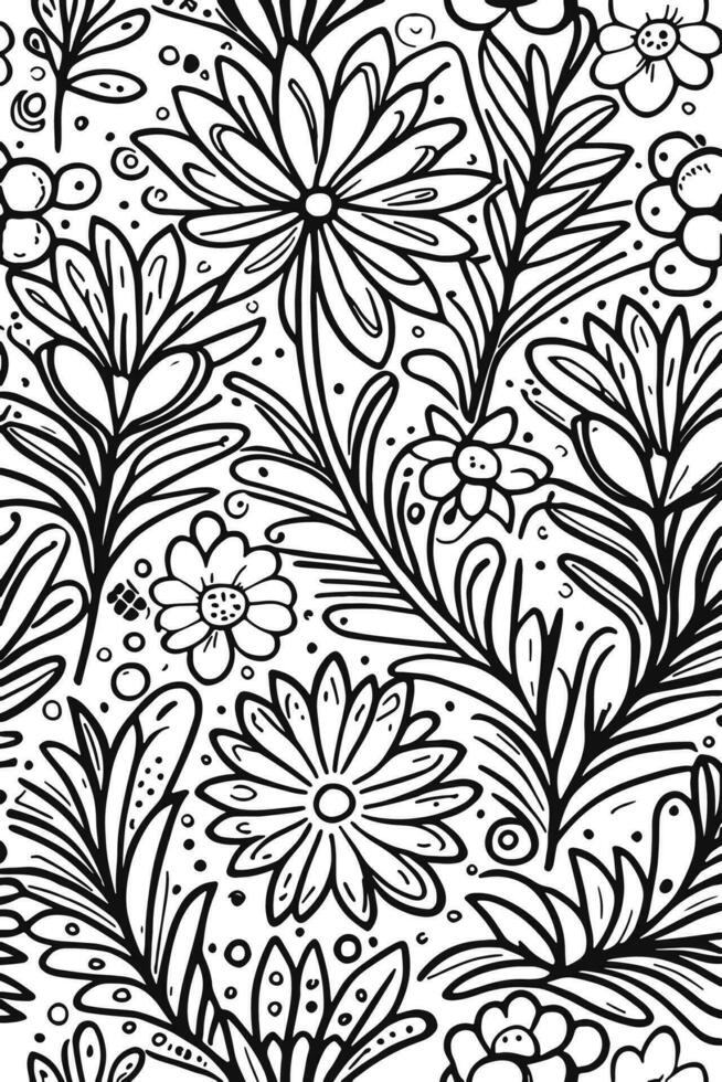 Abstract Black and white monochromatic hand-drawn flowers texture pattern doodle vector illustration