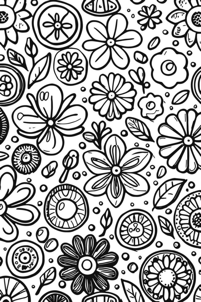 Abstract Black and white monochromatic hand-drawn flowers texture pattern doodle vector illustration