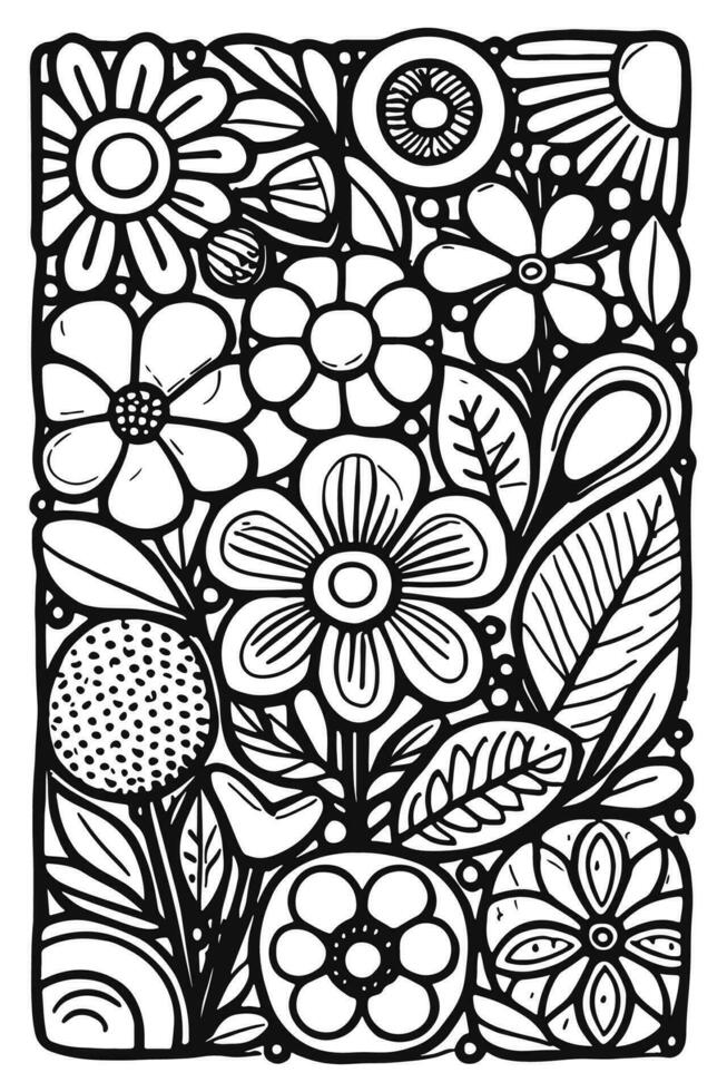 Abstract Black and white monochromatic hand-drawn flowers texture pattern doodle vector illustration