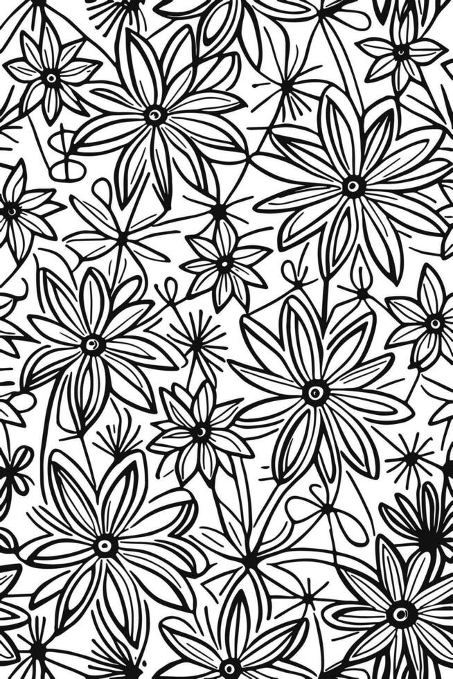Abstract Black and white monochromatic hand-drawn flowers texture pattern doodle vector illustration