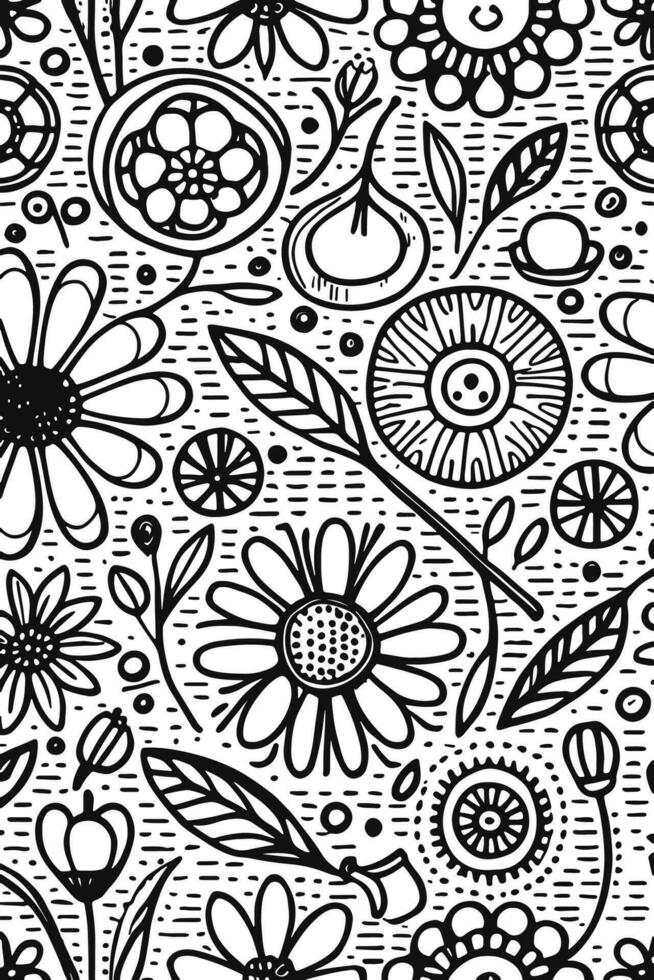 Abstract Black and white monochromatic hand-drawn flowers texture pattern doodle vector illustration