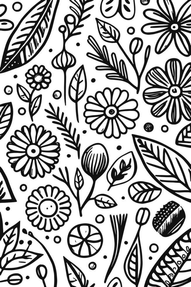 Abstract Black and white monochromatic hand-drawn flowers texture pattern doodle vector illustration