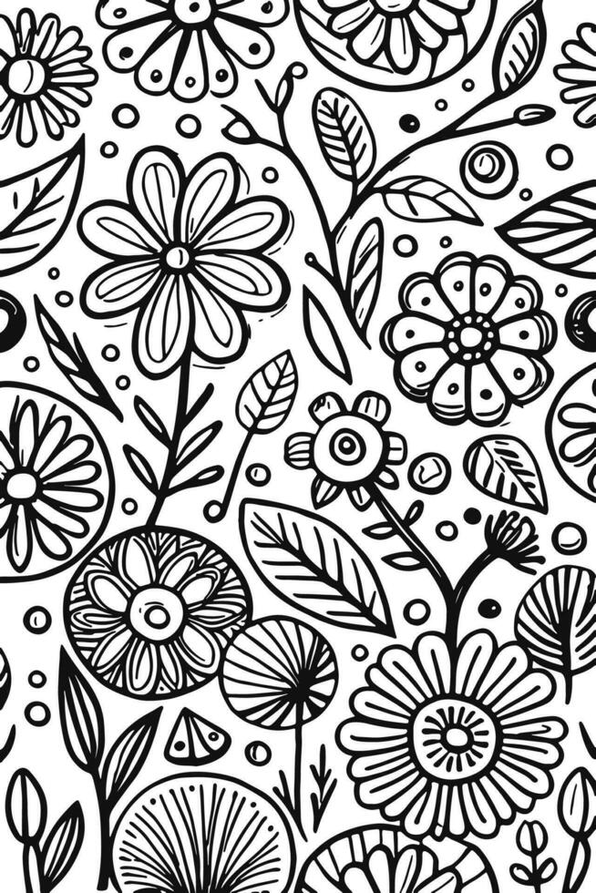 Abstract Black and white monochromatic hand-drawn flowers texture pattern doodle vector illustration