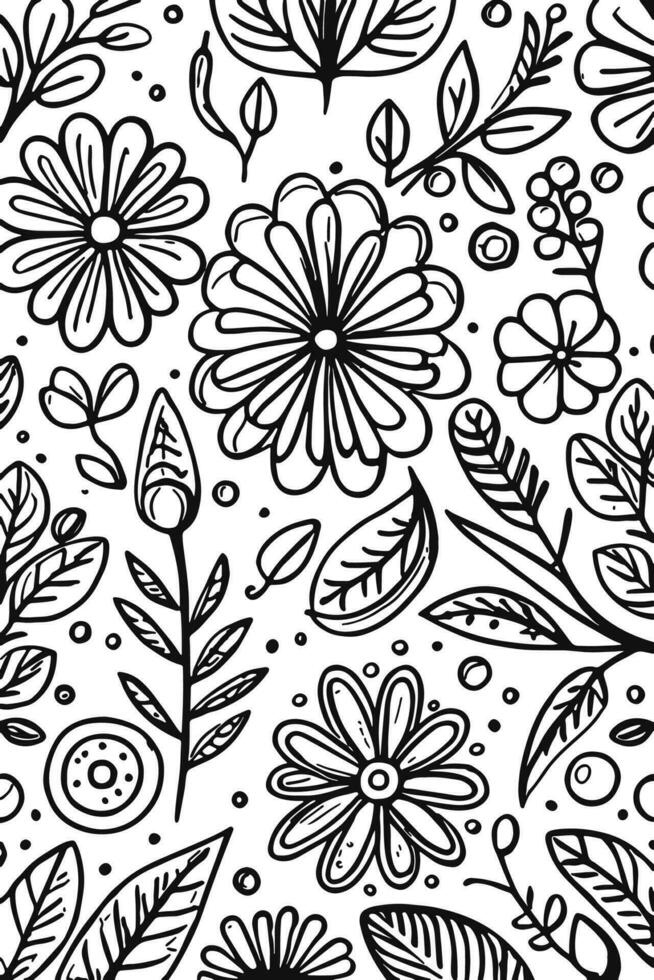 Abstract Black and white monochromatic hand-drawn flowers texture pattern doodle vector illustration