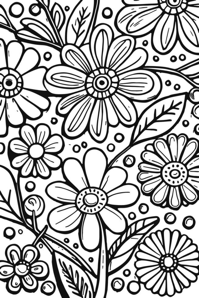 Abstract Black and white monochromatic hand-drawn flowers texture pattern doodle vector illustration
