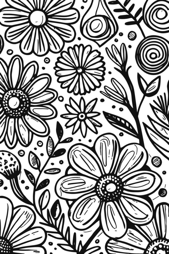 Abstract Black and white monochromatic hand-drawn flowers texture pattern doodle vector illustration