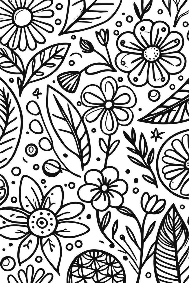 Abstract Black and white monochromatic hand-drawn flowers texture pattern doodle vector illustration