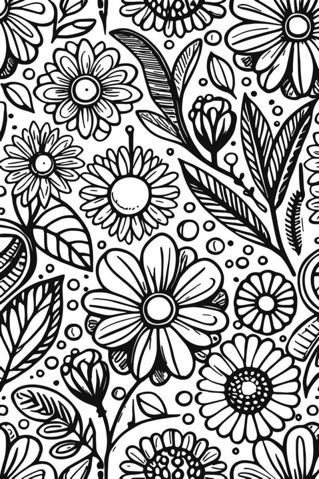 Abstract Black and white monochromatic hand-drawn flowers texture pattern doodle vector illustration