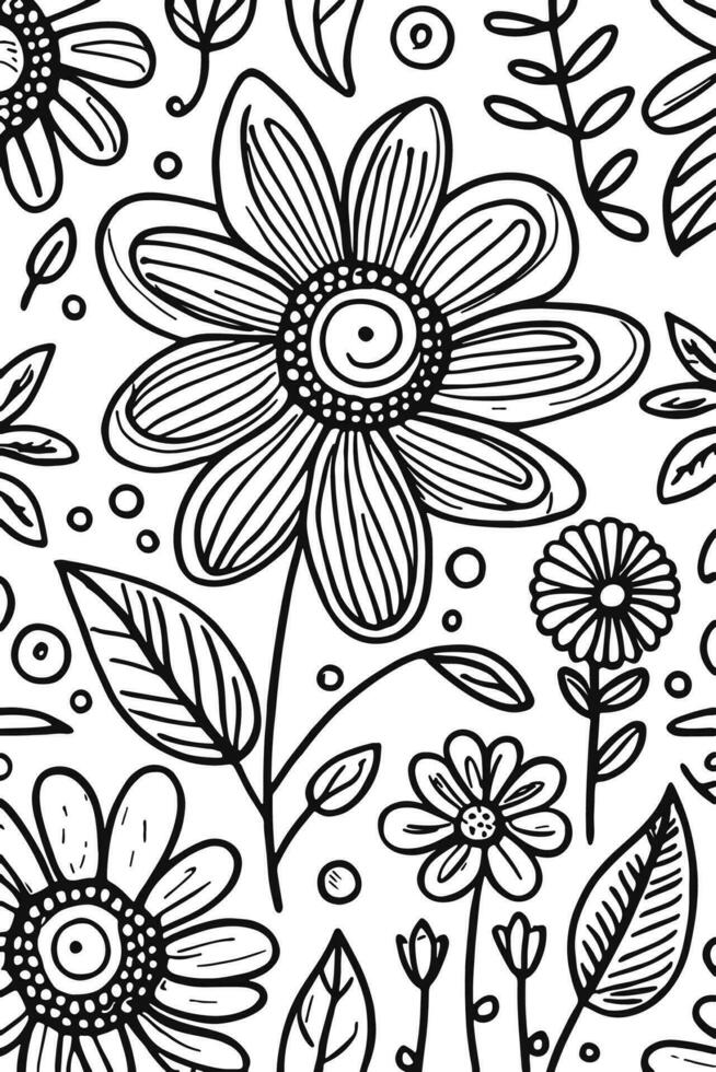 Abstract Black and white monochromatic hand-drawn flowers texture pattern doodle vector illustration