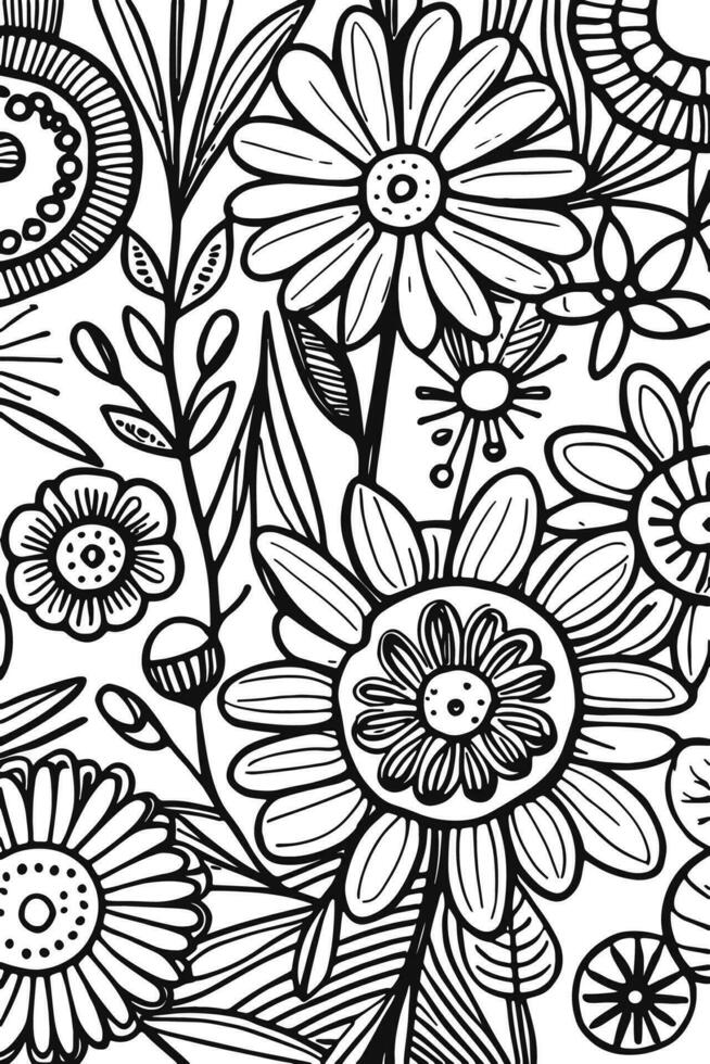 Abstract Black and white monochromatic hand-drawn flowers texture pattern doodle vector illustration